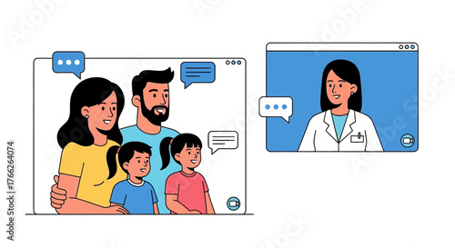 Family connects with doctor during a telehealth consultation for medical advice, ensuring health and well-being through accessible online healthcare solutions