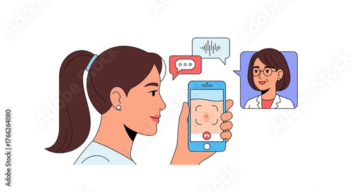 Woman consults doctor online about skin problem using telehealth app on smartphone, enjoying convenient modern healthcare from home with digital technology