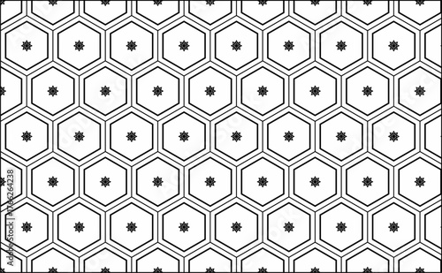 Black line geometric honeycomb pattern with stars flat illustration
