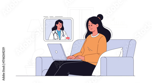 Comfortable telehealth visit with friendly doctor as woman relaxes at home using laptop for virtual consultation, promoting accessible healthcare solutions