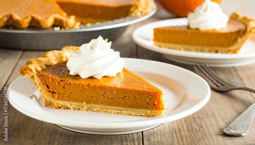 Delicious slice of pumpkin pie topped with whipped cream, ready to eat.