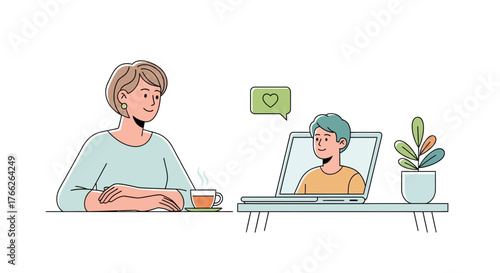 Woman chatting online with a friend on laptop during coffee break, fostering connection and support in a digital world, distance relationships made easier