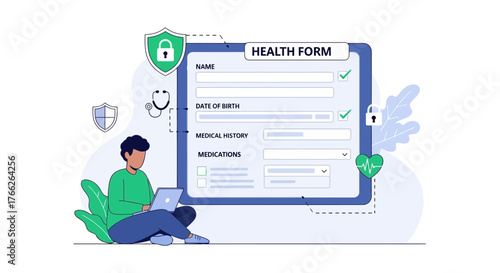 Secure telehealth experience with digital health form and online medical records for convenient healthcare management, ensuring data privacy and protection