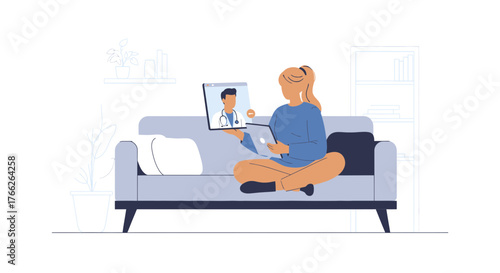 Stay Connected Woman Enjoying Telehealth Consultation at Home on Tablet, Modern Digital Healthcare Solution for Convenient Remote Medical Advice and Virtual Doctor Visits