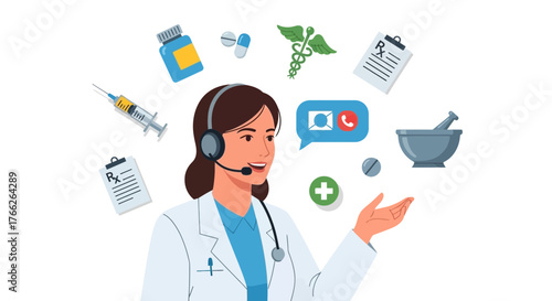 Friendly telemedicine doctor offering online medical advice, prescription refills, and pharmaceutical solutions for modern healthcare needs, with vector precision