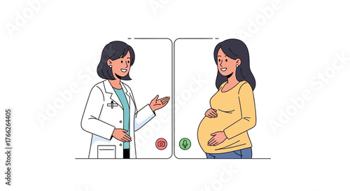 Caring doctor providing virtual prenatal consultation to pregnant woman, offering support and medical advice via telehealth, modern healthcare solution