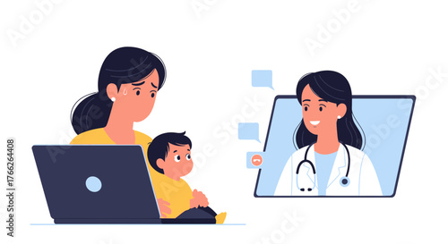 Worried mother consults with doctor online with her child, accessing convenient telehealth services and getting expert medical advice from home, for peace of mind