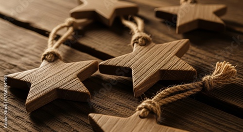 Wooden Star Ornaments on a Wooden Table Surface in Warm Sepia Tones Rustic Holiday Decorations