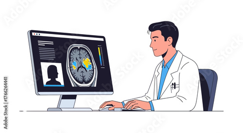 Dedicated doctor analyzing detailed brain scan on modern computer for accurate medical diagnosis, providing hope and advanced healthcare solutions