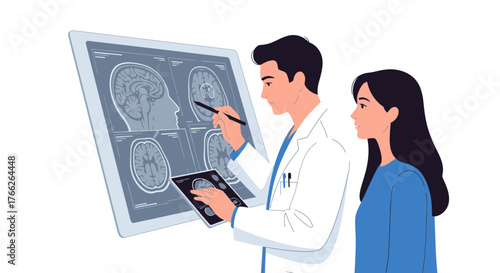 Concerned patient consults with a doctor reviewing brain scans, seeking answers and reassurance about health in a modern medical setting, professional care