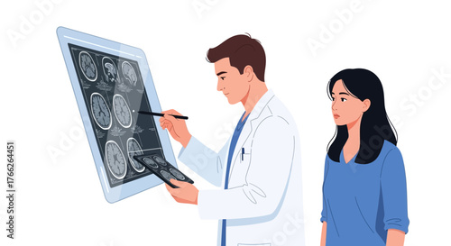 Compassionate doctor reviewing brain scans with patient, offering expert medical advice and care, fostering trust and understanding, promoting health awareness