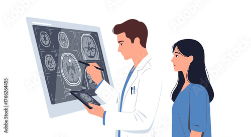 Dedicated doctor explaining brain scan results to concerned patient offering compassionate medical insight and guidance for informed healthcare decisions
