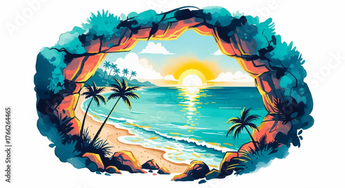 Modern watercolor art of a tropical beach at sunset, framed by a natural rock archway with palm trees and vibrant ocean waves, evoking a sense of paradise and tranquility