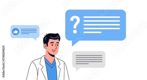 Friendly doctor answering patient questions online with modern, clean design showing healthcare communication and support for medical assistance and telehealth access