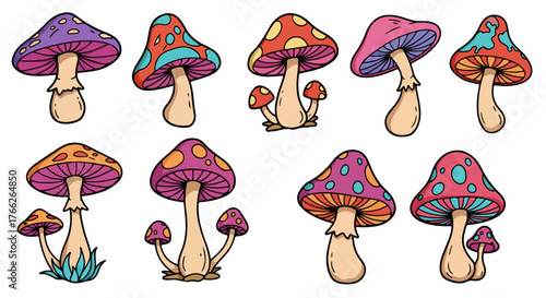 Colorful mushrooms set with transparent background
