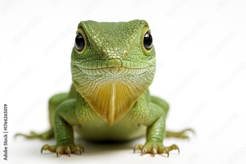Fototapeta premium Close up macro portrait of a lizard facing the camera sharp scales clear eye and clean outline reptile studio subject isolated on pure white background