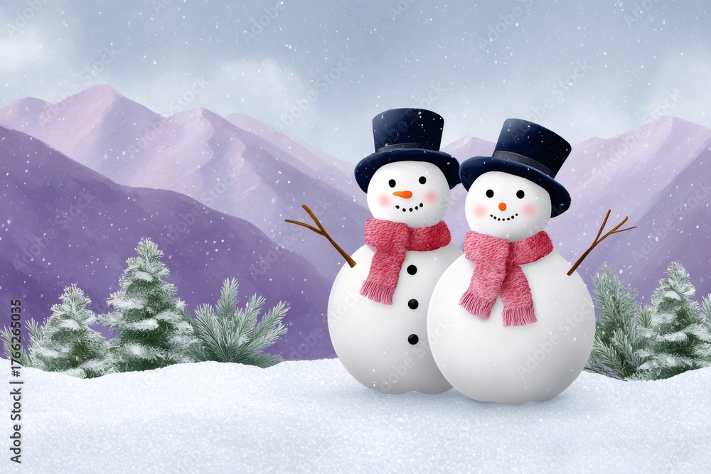 Obraz premium Snowmen couple standing in a winter mountain landscape illustration