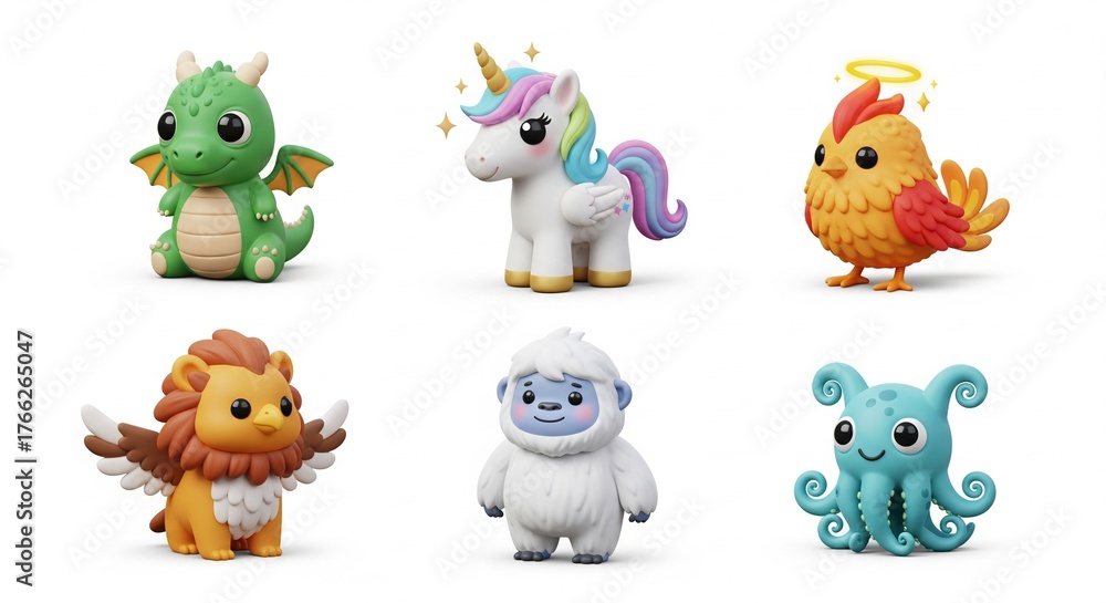 Naklejka premium Collection of Adorable Fantasy Creatures in Claymation Style.