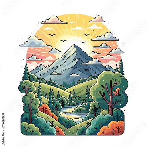 Aesthetic Flat illustration of a Nature Mountain at Morning
