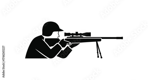A focused sniper aiming a rifle with a scope and bipod in a striking black silhouette