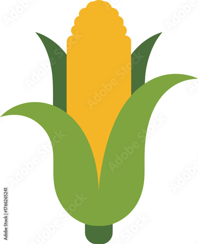 Flat design illustration of a corn on the cob with green husks, isolated on white background