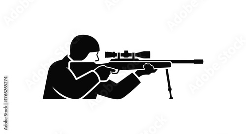 A focused sniper aiming with a rifle and scope in a dramatic black silhouette against a white background