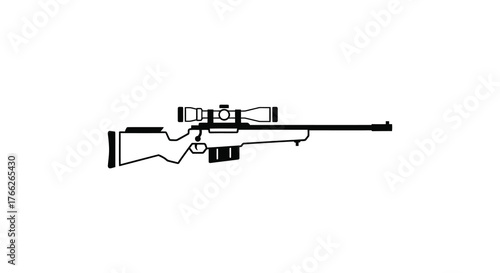 A detailed black silhouette of a modern sniper rifle with a telescopic scope against a white background silhouette