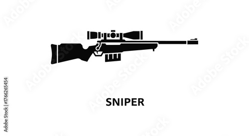 A stark black silhouette of a modern sniper rifle with a scope against a white background representing precision and power silhouette