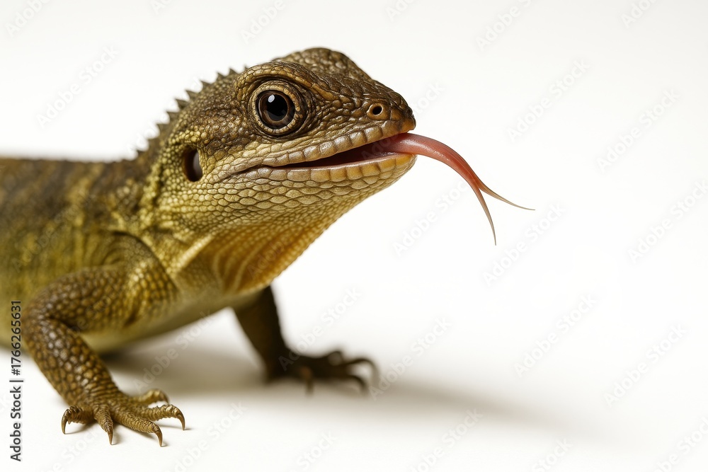 Fototapeta premium Close up threequarter profile of a lizard with tongue flick mid action reptile portrait studio subject isolated on pure white background