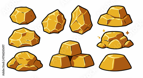 Golden nuggets and gemstones collection with transparent background