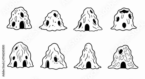 Stylized cave dwellings outline set