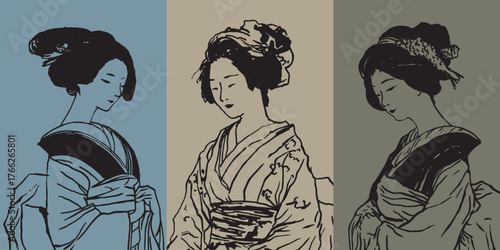 Hand drawn Japanese inspired map top view showing stylized rice fields and terrain lines. Minimal indigo and white illustration evoking traditional woodblock and textile art.