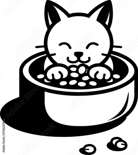 Spoiled kitten climbed into a bowl of food and purred contentedly. Engraving minimalistic vector in black ink drawing on transparent background
