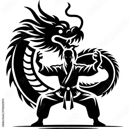 Sport emblem of martial arts master in monochrome. Engraving minimalistic vector in black ink drawing on transparent background