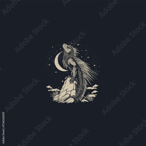 Vintage engraving style illustration of an iguana or lizard on a rock under the starry night sky and full moon. Detailed hand-drawn sketch of the reptile and tropical wildlife scene