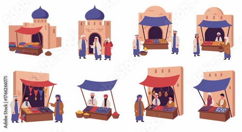 Middle Eastern market scene with merchants and customers
