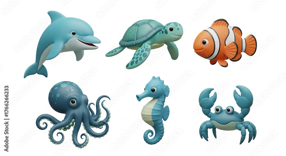 Fototapeta premium Collection of Cute Cartoon Marine Animals.