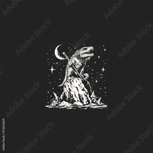 illustration of a brave anthropomorphic lizard warrior with a sword and cloak. Detailed hand-drawn sketch of a fantasy reptile character standing on a rock under a crescent moon and starry night sky