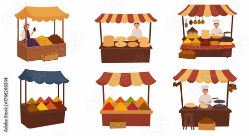 Market stalls with food and vendors