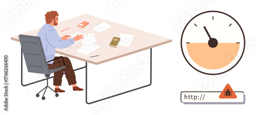 Office worker reviewing papers while productivity gauge and web threat warning highlight cybersecurity and efficiency risks. Ideal for technology, productivity, cybersecurity, workplace safety