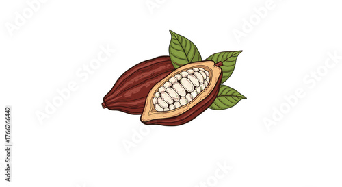 Artistic rendering of cacao beans, one cut open to show the white beans inside, surrounded by green leaves on a white background.