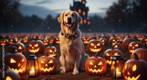 Golden Retriever Sitting in a Pumpkin Patch at Dusk with Spooky Lit Jack O Lanterns
