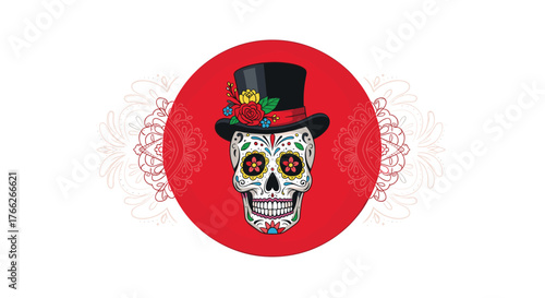 A colorful skull decorated with patterns, wearing a fancy hat and placed in a red circle, creates a vibrant Day of the Dead themed design.