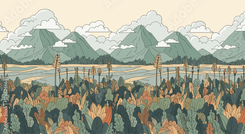 Cartoonish scenery depicts a landscape featuring mountains, fields, a river, clouds, and an array of trees and foliage in the foreground.