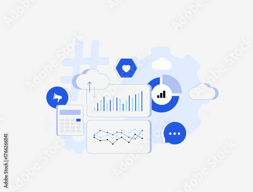 AI-driven trend forecasting. Predictive analytics and real-time graphs tracks social media hashtags, likes, shares help brands identify emerging patterns and adapt to market changes illustration