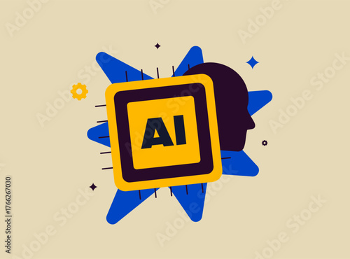 Artificial intelligence and human consciousness concept with brain silhouette and AI symbol. Impact on society, ai ethical challenges and human evolution abstract modern vector illustration