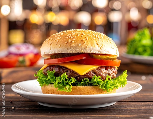 Wallpaper Mural A delicious burger on a white plate, focus on the sandwich, blurry bokeh Torontodigital.ca