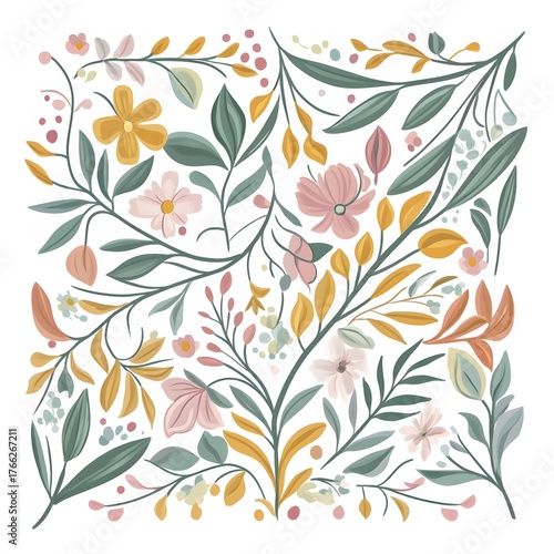 Artistic Floral Arrangement with Detailed Leaves and Delicate Fl