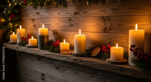 Rustic christmas candles on wooden shelf with garland and festive decor
