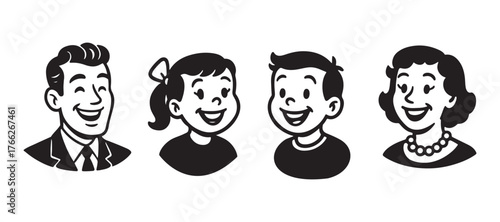 Cheerful retro family smiling together with vintage style, perfect for classic designs and nostalgic projects, delivering a sense of warmth and togetherness